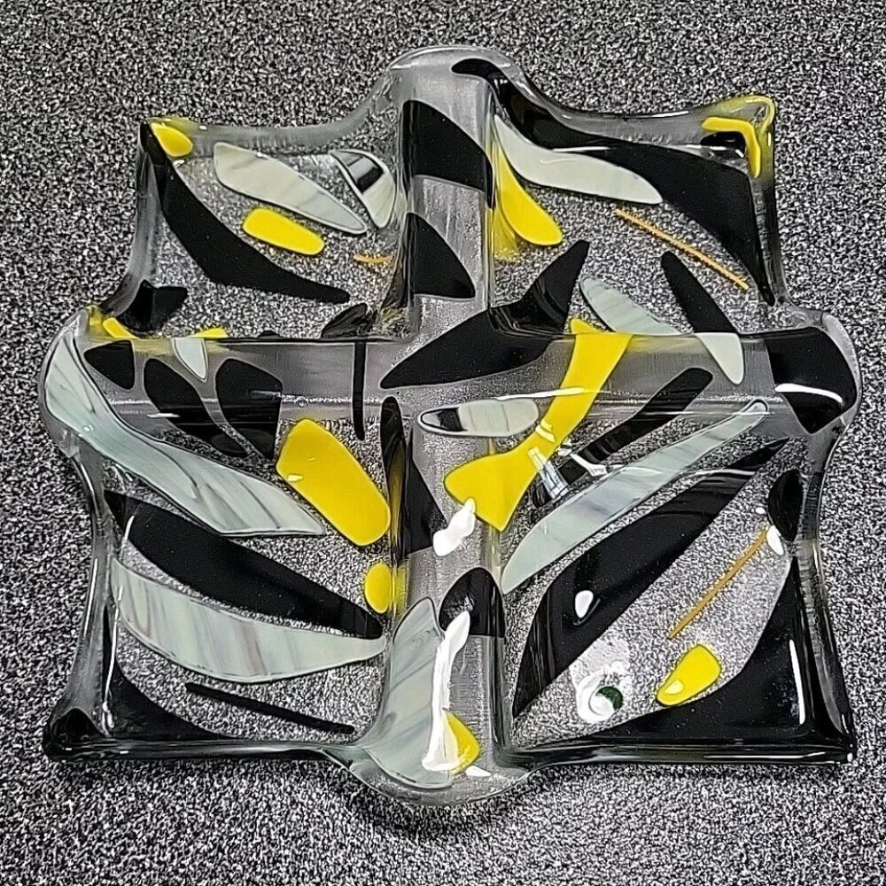 Art Glass Divided Section Dish Tray Abstract Clear Yellow Black